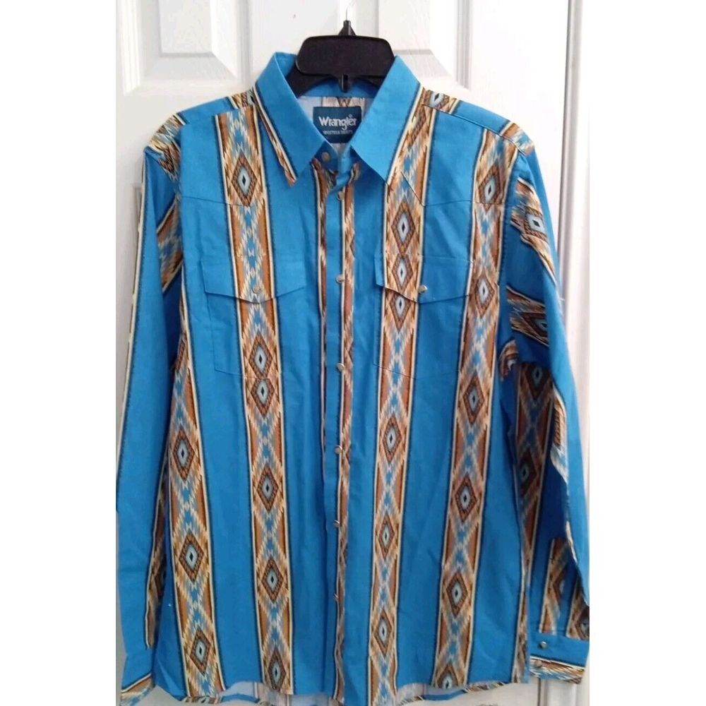 Wrangler Western Shirt Aztec Stripe Cowboy Rodeo Long Sleeve Blue Size L‎